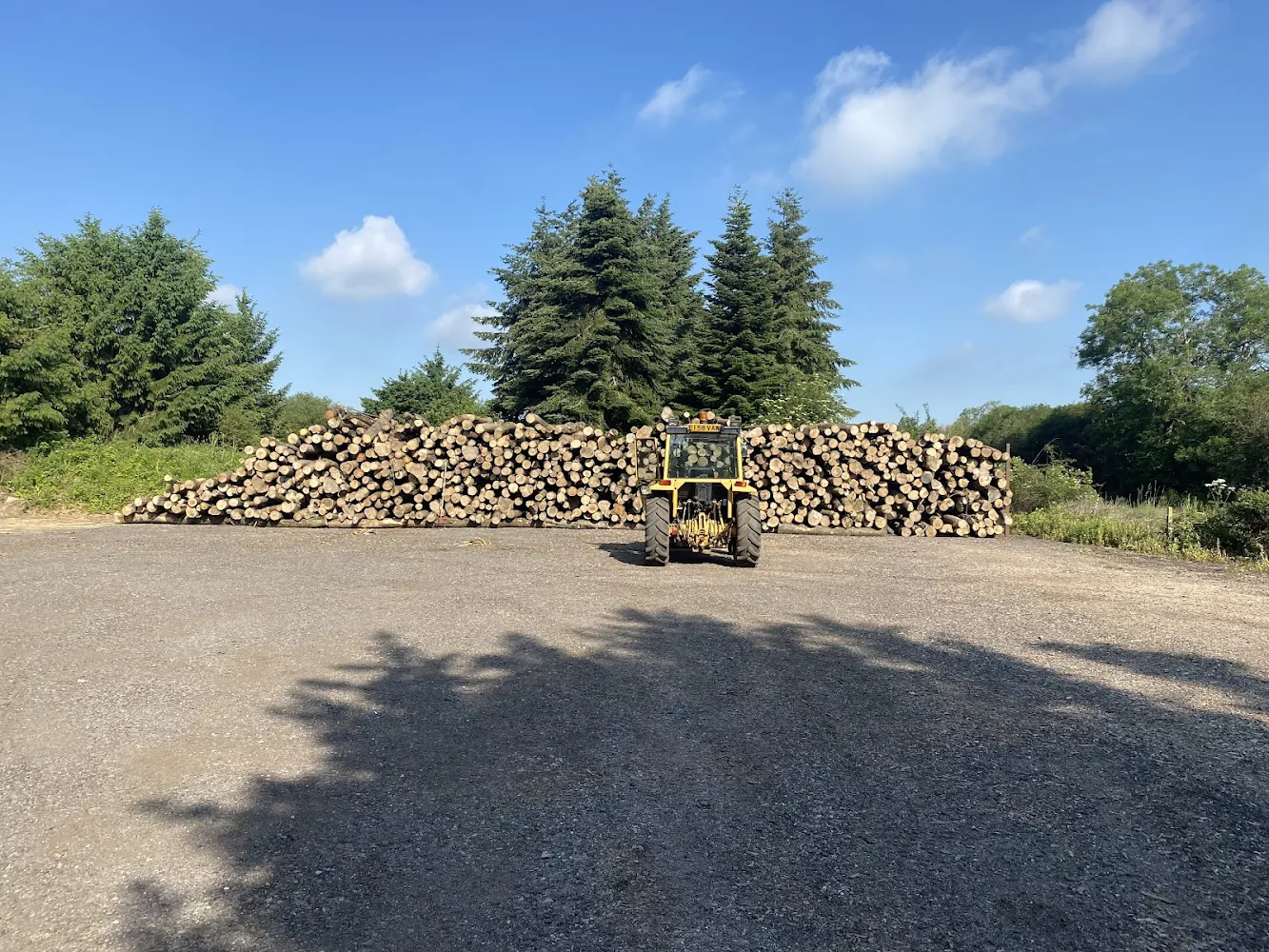 A tractor parked in front of a pile of logs.